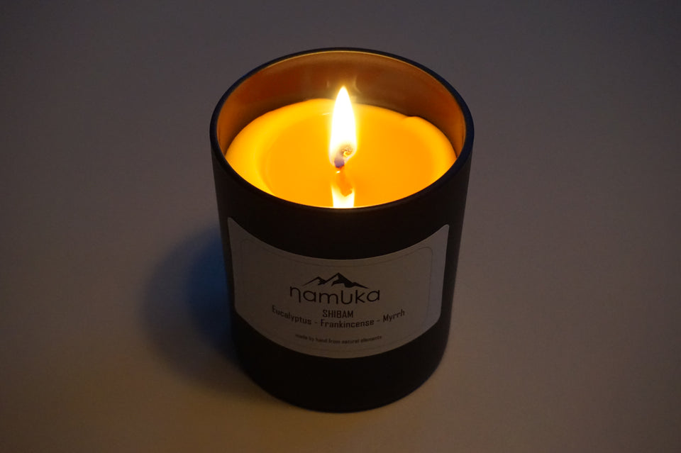 a lit version of our shibam scented candle in a recycleable container. using rapeseed wax, this scented candle is vegan friendly.